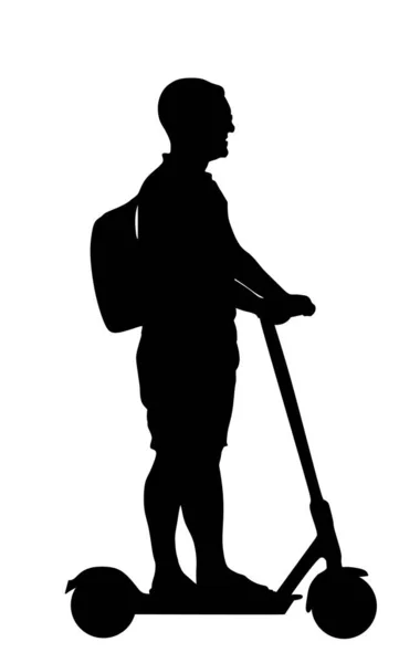 Urban Young Man Riding Electric Scooter Vector Silhouette Illustration Isolated — Stockový vektor