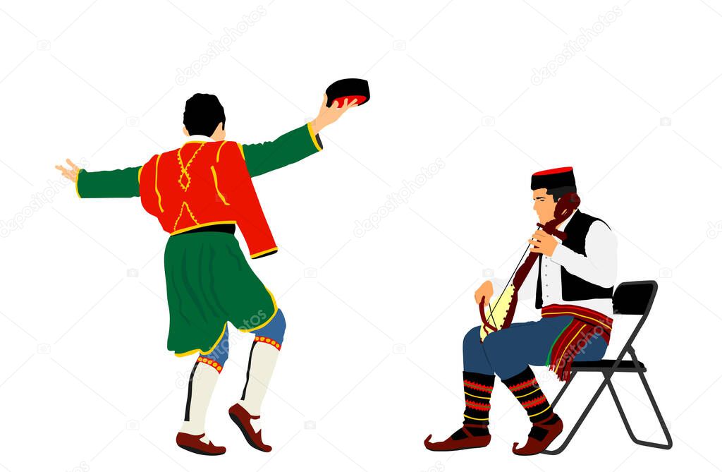 Montenegro traditional wedding dance Oro and Balkan music player, singer guslar play gusle vector illustration. Folklore event. Groom man dancer. Dancing with fiddle string instrument. Happy enjoying.