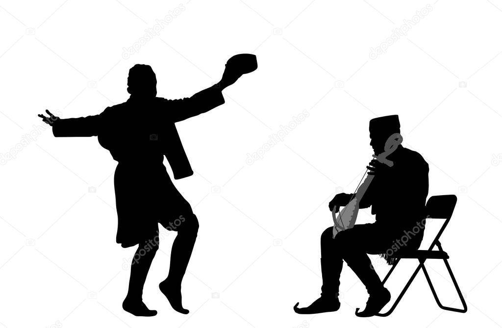 Montenegro traditional wedding dance Oro and Balkan music player and singer guslar play gusle vector silhouette. Folklore event. Groom man dancer. Dancing with fiddle string instrument. Happy enjoying