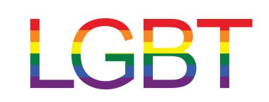 LGBT Metin Banner vektör çizimi beyaz arkaplanda izole edildi. LGBT Gay Gurur Bayrağı renkleriyle tipografi. Lezbiyen Gay Biseksüel Transseksüel Toplumu gururu. Neşeli geçit töreni kelimesi.