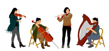 Kadın kuartet orkestrası müzik sanatçısı vektör illüstrasyonu. Kız keman çalar, çellocu kadın çello çalar, zarif bayan arp çalar. Flütçü kız flüt çalar. String ve Wind enstrümanları konser etkinliği.