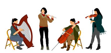 Kadın kuartet orkestrası müzik sanatçısı vektör illüstrasyonu. Kız keman çalar, çellocu kadın çello çalar, zarif bayan arp çalar. Flütçü kız flüt çalar. String ve Wind enstrümanları konser etkinliği.