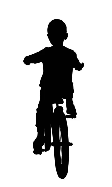 白い背景に隔離された小さな男の子乗馬自転車ベクトルシルエットイラスト 子供は自転車で楽しんでいます 子供の屋外活動 お気に入りのおもちゃで幸せな男の子 息子の誕生日プレゼント — ストックベクタ