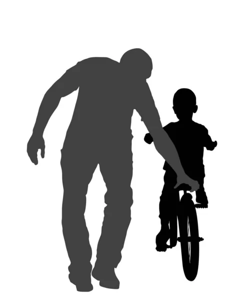 幸せな家族 父は白い背景に隔離された自転車のベクトルシルエットのイラストに乗って彼の息子を教える パパは子供に自転車に乗るように教える 父の日だ アウトドアスポーツとレクリエーション — ストックベクタ