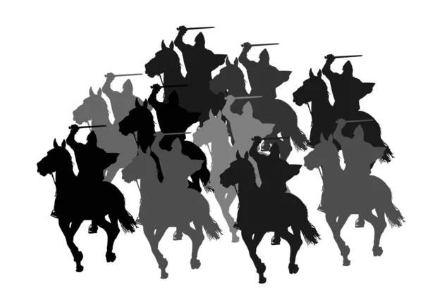 剣と盾乗馬馬ベクトルシルエットと鎧の騎士は孤立した 戦闘中のHorseman中世の戦闘機 キャバリマンの英雄は城の壁を守る 武装した男は敵に対して国を守る — ストックベクタ