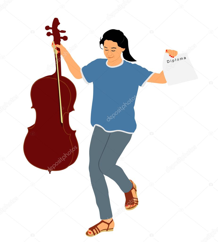 Happy girl graduating music school of cello vector illustration. Young cellist with cello and fiddle bow in hand. Music artist woman play string instrument. Classic musician jazz lady street performer