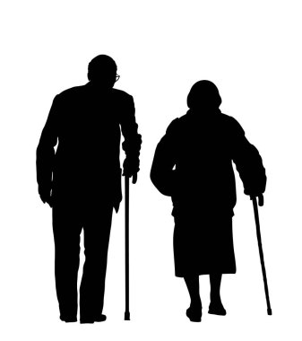 Büyükanne ve büyükbaba çift birlikte yürüyor vektör silueti yalıtılmış. Yaşlı kadın ve yaşlı adam aile hayatı. Yetişkin aşıklar. Koltuk değnekli sağlıklı büyükanne ve büyükbaba..
