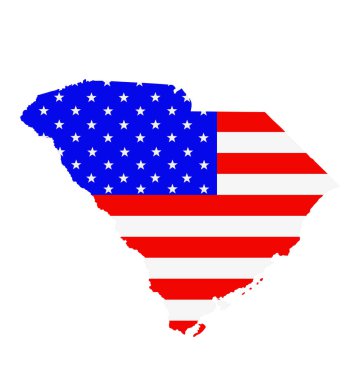 Güney Carolina eyalet haritası vektör silüeti çizimi. Güney Carolina haritasında Amerika Birleşik Devletleri bayrağı var. ABD, Amerikan ulusal gurur ve vatanseverlik sembolü. Seçim kampanyası afişi.