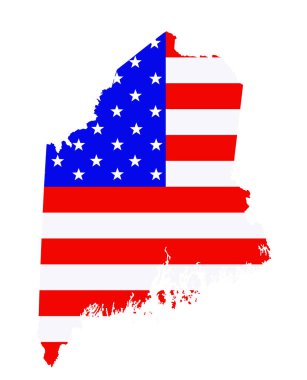 Maine durumu haritası vektör silueti çizimi. Maine haritasında Amerika Birleşik Devletleri bayrağı var. ABD, Amerikan ulusal gurur ve vatanseverlik sembolü. Seçim kampanyası afişi.