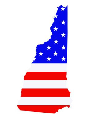 New Hampshire eyalet haritası vektör silueti çizimi. New Hampshire haritasında Amerika Birleşik Devletleri bayrağı var. ABD, Amerikan ulusal gurur ve vatanseverlik sembolü. Seçim kampanyası afişi.