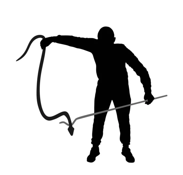 Homme Courageux Attrapant Serpent Avec Illustration Silhouette Vectorielle Bâton Isolé — Image vectorielle