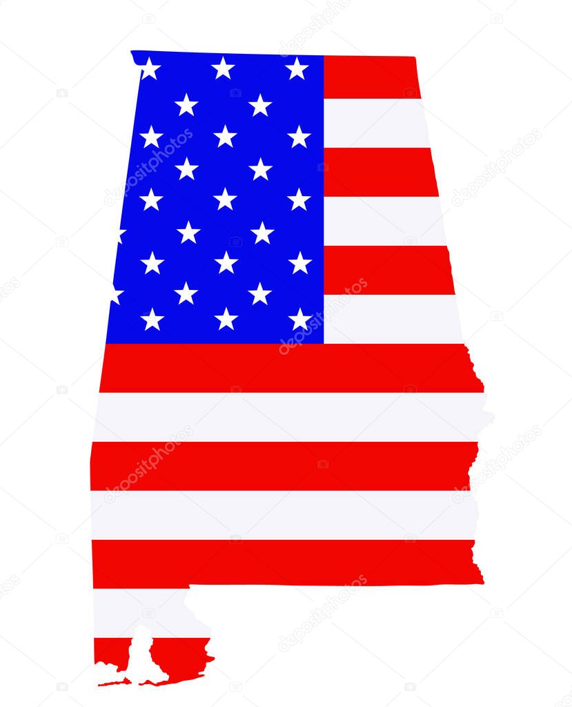 Alabama state map vector silhouette illustration. United States of America flag over Alabama map. USA, American national symbol of pride and patriotism. Vote election campaign banner.