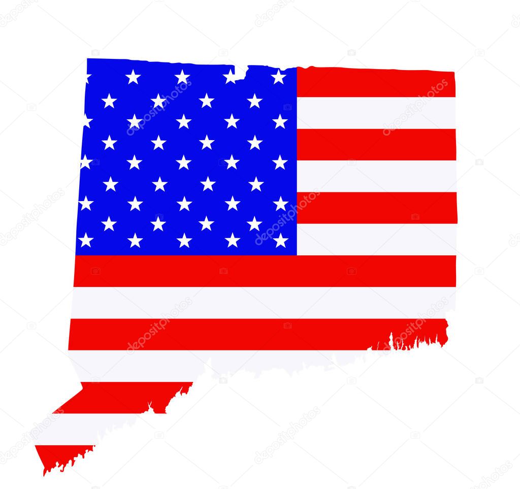 Connecticut state map vector silhouette illustration. United States of America flag over Connecticut map. USA, American national symbol of pride and patriotism. Vote election campaign banner.