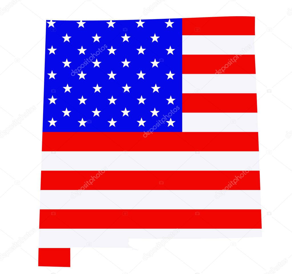 New Mexico state map vector silhouette illustration. United States of America flag over New Mexico map. USA, American national symbol of pride and patriotism. Vote election campaign banner.