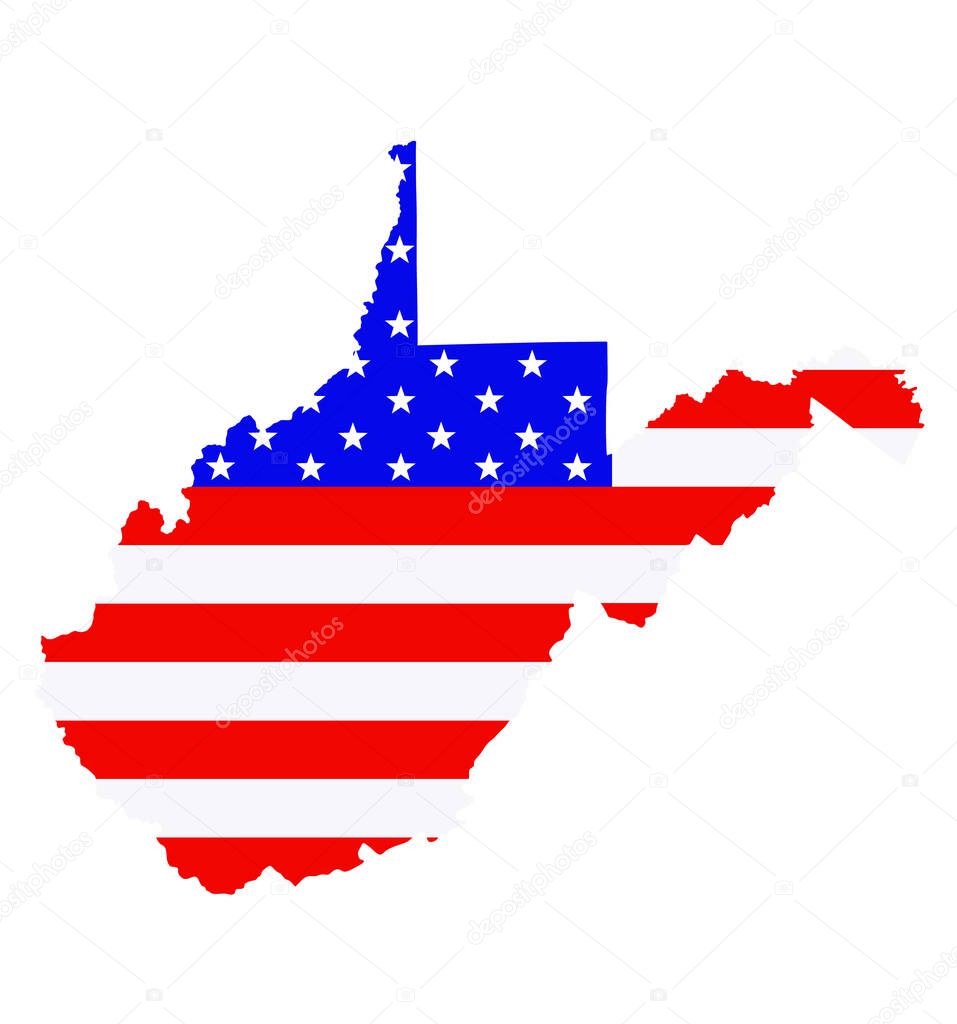 West Virginia state map vector silhouette illustration. United States of America flag over West Virginia map. USA, American national symbol of pride and patriotism. Vote election campaign banner.