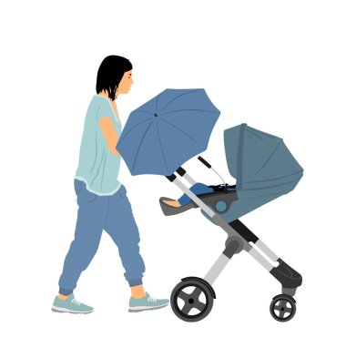 Bebek arabasındaki anne ve bebek yürüme vektörü çizimi beyaza izole edilmiş. Mutlu aile dışarıda eğleniyor. Anne küçük çocuğu sever. Bebek arabasında küçük oğlu ya da kızı olan genç bir kadın. Bebek bakıcısı ve tramvay..