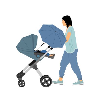 Bebek arabasındaki anne ve bebek yürüme vektörü çizimi beyaza izole edilmiş. Mutlu aile dışarıda eğleniyor. Anne küçük çocuğu sever. Bebek arabasında küçük oğlu ya da kızı olan genç bir kadın. Bebek bakıcısı ve tramvay..
