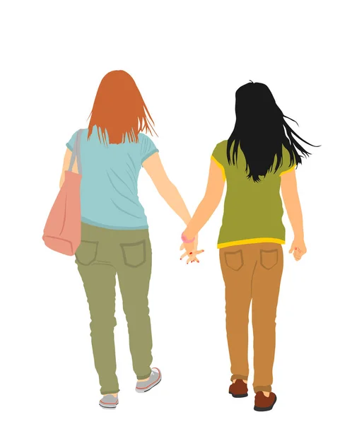 Filles Homosexuelles Marchant Tenant Main Illustration Vectorielle Isolée Gay Couple — Image vectorielle