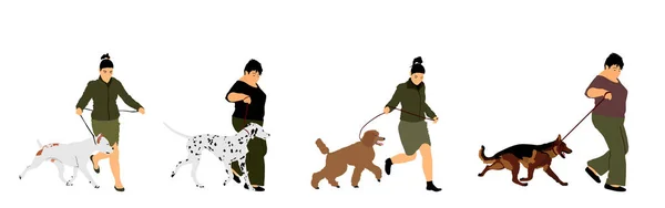 Власниця Тримає Собаку Попелі Бігаючи Чемпіона Векторних Ілюстрацій Демонструючи Виставку — стоковий вектор