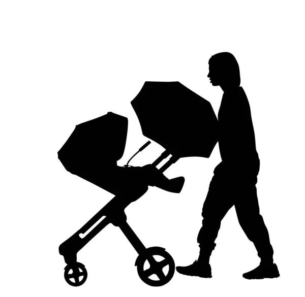 Mom Baby Pram Walking Vector Silhouette Illustration Isolated White Happy — Stock Vector