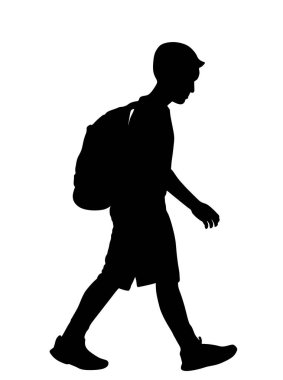 Sırt çantalı üzgün çocuk okul vektör siluetine gidiyor. Okula geri dönmek, çocuk yürüyüşü, eğitim sorunu, kötü not değerlendirmesi yaz tatili. Eğik kafalı evlat öğrenmeyi sevmez..