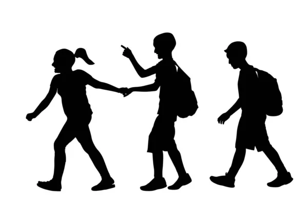 Rire Les Enfants Qui Vont École Ensemble Illustration Silhouette Vectorielle — Image vectorielle