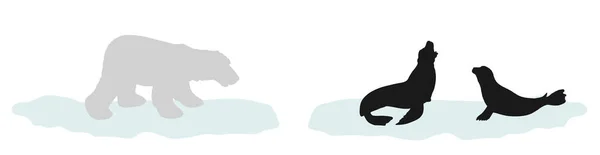 氷山のシルエットにホッキョクグマ狩猟シールカップル 白い背景に隔離された氷のベクトルシルエットのイラストのブロック上の海ライオン 極地の動物は危険にさらされている 寒い冬の環境 — ストックベクタ