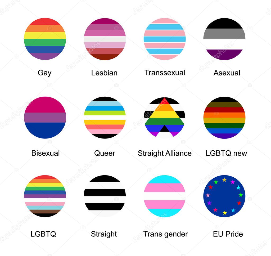 Circle badge flag gay vector illustration. LGBT pride symbol, lesbian sign, trans sexual culture, homosexual, asexual, bisexual, queer, straight, trans gender. Human rights and freedom. LGBTQ culture.