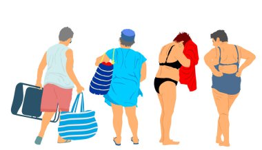 Olgun bir kadın deniz kıyısı vektör çiziminin tadını çıkarır. Son sınıf bayan partisi, yüzdükten sonra güneşlenme. Mayo giymiş bir turist havluyla kurur. Bikinili arkadaşlarla yaz tatili tatili.