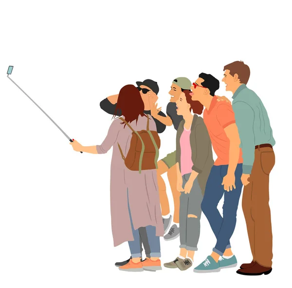 Selfie Teenageři Turisté Fotografování Dovolenou Vektorové Ilustrace Izolované Bílém Pozadí — Stockový vektor
