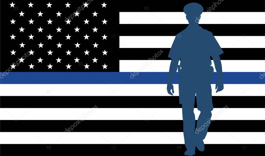 Thin blue line flag USA law enforcement symbol. American police flag vector. Symbol of remembering fallen police officers on duty. Law and order. Devotion and dedication on workplace. ladle out honors