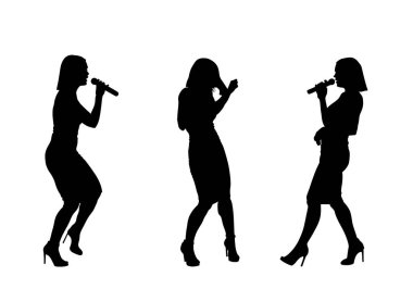 Popüler şarkıcı süper star vektör silüeti beyaz arka planda izole edilmiş. Sahnede çekici bir müzik sanatçısı. Şarkıcı kadın sanatçı karaoke ya da konser. Mikrofon ellerinde. Yakışıklı bayan..