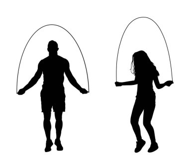 Atlama halatı vektör siluetini atlayan sporcu. Kadın fitness eğitmeni. Spor salonunda spor çifti egzersizi. İp atlama sporcusu. Fitness antrenmanı. Sağlıklı kilo veriyor. Kaslı vücut adamı ve formda bayan.. 