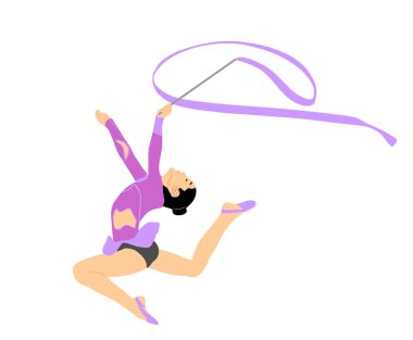 Grace balerin kız vektör figürü performansı beyaz arka planda izole edildi. Jimnastik mayo giymiş esnek bir kadın. Kurdeleli ritmik jimnastikçi kadın. Spor salonundaki atlet kadın..