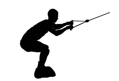 Su kayağı vektör silüeti beyazı izole etti. Su kayağı sporu. Plajda yaz zamanı. Denizde kayak akrobatı. Cankurtaran su devriyesi görev başında. Uçurtma sörfçüsü ya da parasailing. Uçurtma..