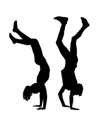 Sporcu erkek ve kadın, beyaz renkte izole edilmiş aşk vektör silueti çizimi yapan çift el duruşu. Akrobat kız ve erkek baş aşağı eğlence. Güçlü elleri ve dengesi olan spor aktiviteleri.