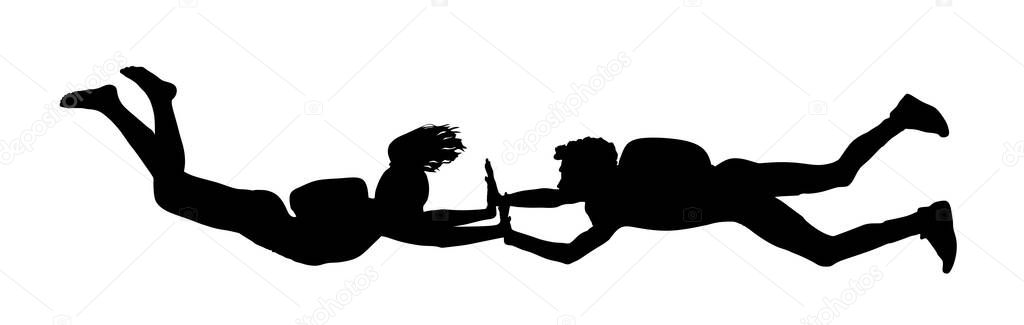 Parachutist couple in love flight vector silhouette illustration isolated on white. Girl and boy in air jump. Skydiver acrobatics. Extreme sport fun entertainment. Airdrop brave hand holding couple.