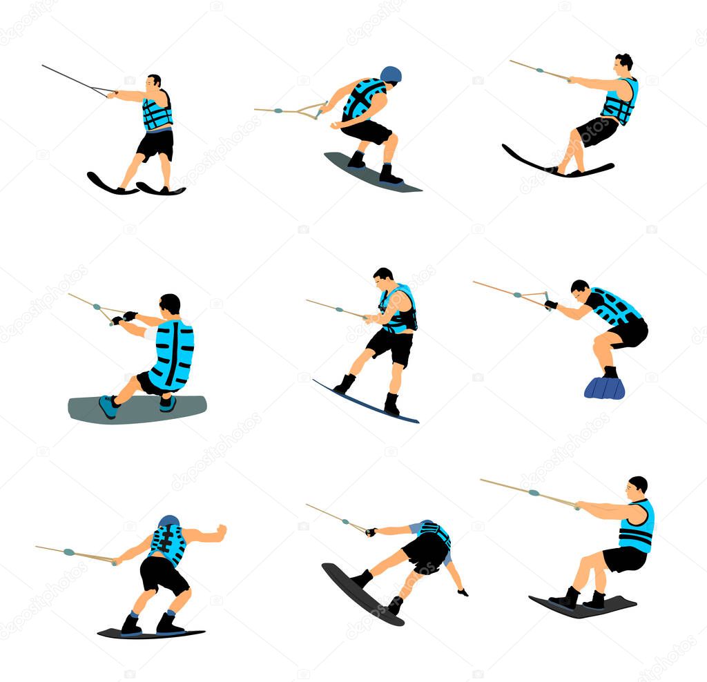 Water skiing vector illustration isolated on white background. Water ski sport. Summer time on beach. Ski acrobat on the sea. Lifeguard water patrol on duty. Kite surfer or parasailing. Kite boarding.