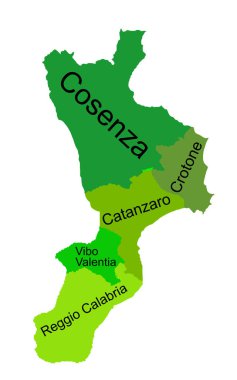 Calabria harita vektör silueti çizimi beyaz arkaplanda izole edildi. Sınırları ayrı eyaletler ile İtalya bölgesi sembolü Calabria.