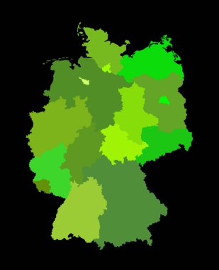 Boş Almanya haritası vektör silüeti çizimi siyah arkaplanda izole edildi. Deutschland özerk toplulukları. Yüksek detaylı Almanya haritası bölgeleri idari bölümler, ayrı eyaletler haritası.