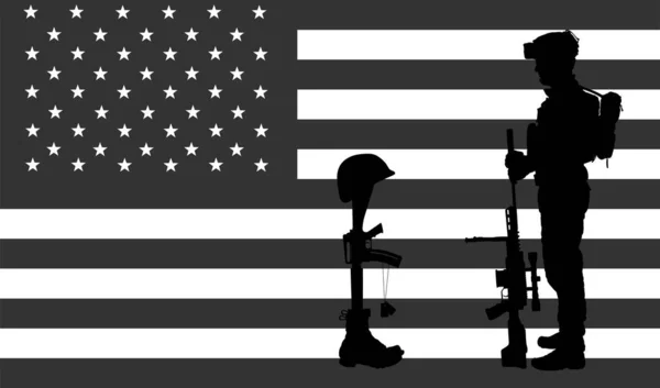 Usa Fallen Soldat Symbol Vektor Siluett Illustration Usa Flagga Gevär — Stock vektor
