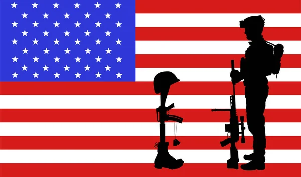 Estados Unidos América Símbolo Soldado Caído Silhueta Vetorial Ilustração Bandeira — Vetor de Stock