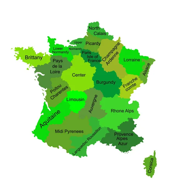 在白色背景上孤立的法国矢量轮廓的可编辑矢量图 法国自治区 法国各大区的详细行政区划 分隔的省份图 — 图库矢量图片