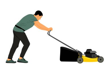 Bahçıvan çim biçme makinesi vektör çizimi izole edilmiş. Çim biçme makinesi. Bahçe işçisi bahçe düzenleyicisi parktaki tarlayı kesiyor. Çiftçi tarım makineleri. Bahçenin güzelliği. Bahçe bakımı.