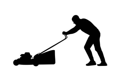 Bahçıvan çim biçme makinesi vektör silueti izole edilmiş. Çim biçme makinesi. Bahçe işçisi bahçe düzenleyicisi parktaki tarlayı kesiyor. Çiftçi tarım makineleri. Bahçenin güzelliği. Bahçe bakımı.