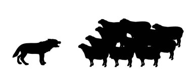 Arka planda izole edilmiş koyun vektör silueti sürüsü aç kurt avı. Avdaki tehlikeli yırtıcı, evcil hayvan kalabalığı için tetikte. Kuzu eti. Çiftçi kurt şekil gölgesinde hasar.