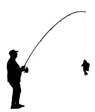 Elinde olta olan balıkçı, balık vektör siluetini izole edilmiş bir şekilde yakalıyor. Açık hava balık tutma sporu aktivitesi. Doğadaki su hobisi. Balıkçı adam nehre, göle ya da denize gider.