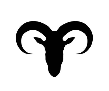 Keçi kafası Berberi koyun vektör silueti çizimi beyaz arka planda izole edilmiş. Çiftlik hayvanı sembolü. Keçi şeklindeki gölge. Kocaboynuz sembolü şekli. Kaya tırmanışı vahşi yaşam yürüyüşü. Şeytan işareti.