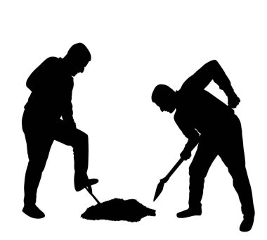 Bahçedeki vektör siluetinde çalışan kürekli adam izole edilmiş. İnşaat küreği işçileri. Bahçıvanlar ekmek için toprak kazıyorlar. Kürekli çiftçiler. Kazıcı işçi maden sahası. Elle sanayi aracı.