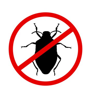 Böcek vektör siluetine karşı deratizasyon alanı uyarısı izole edildi. Kırmızı çapraz daire dikkat haşerat kontrol böceği. Böcek ilacı tozu uyarısı insan kısıtlama amblemi pankartı.